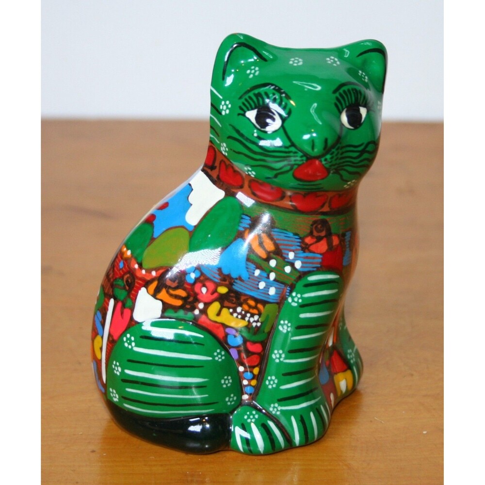 Mexican Mexico Talavera Green Red Blue Sitting Cat Red Clay Hand Painted